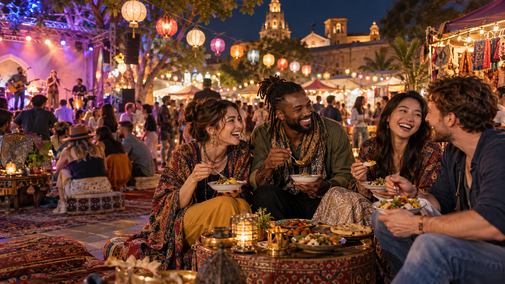 Fictional diverse adult friends sharing food at a lively night market
