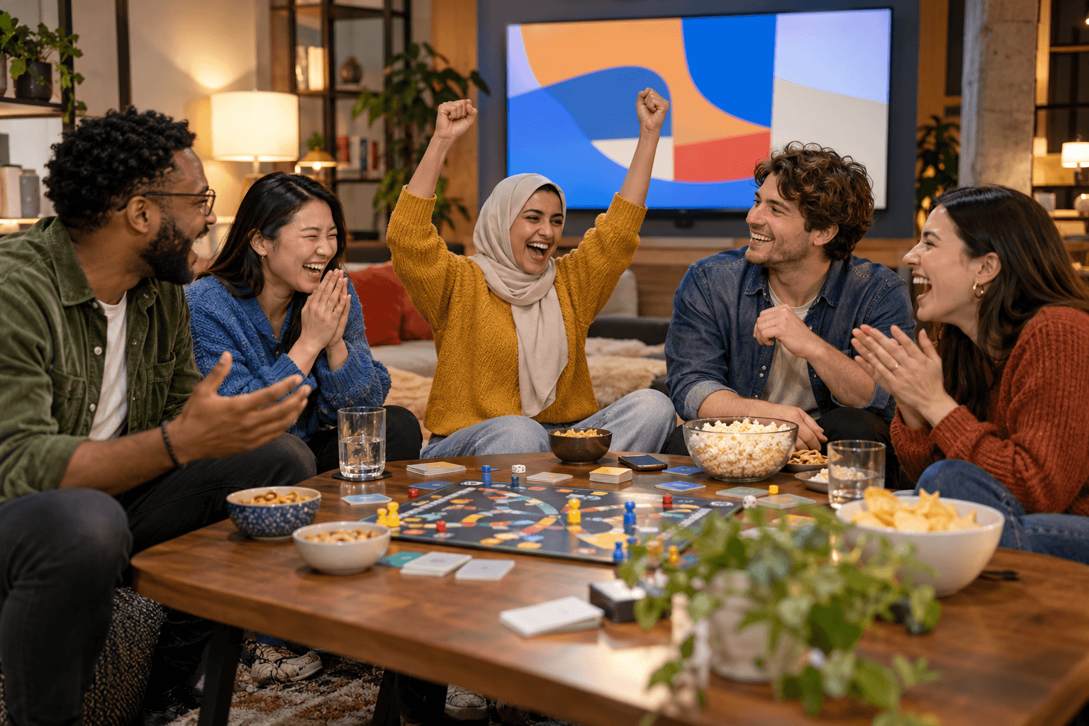 Fictional adult friends celebrating around a tabletop game