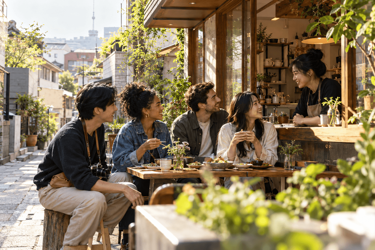 Fictional adult friends sharing lunch at a neighborhood café in Seoul
