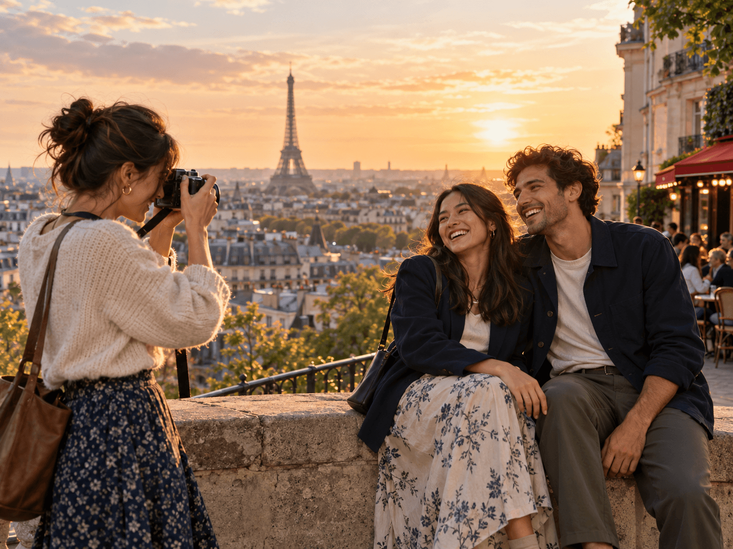 Fictional adult friends making a travel photograph in Paris