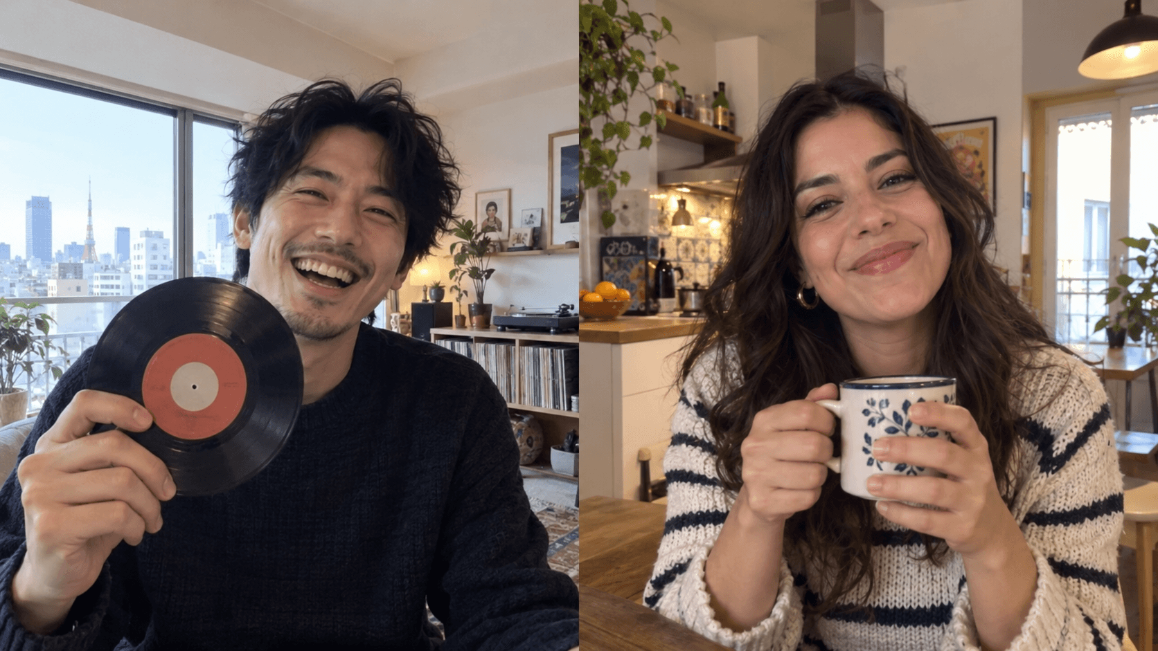 Fictional adult friends enjoying a connected video conversation