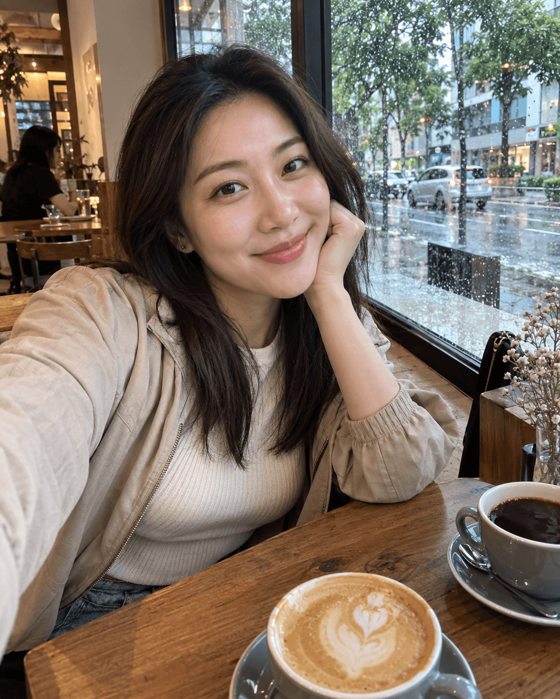 Fictional adult Maya sharing a relaxed cafe selfie
